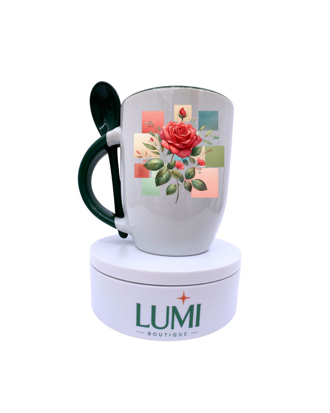 Mug with floral design and green handle on a white background, featuring LUMI Boutique branding.