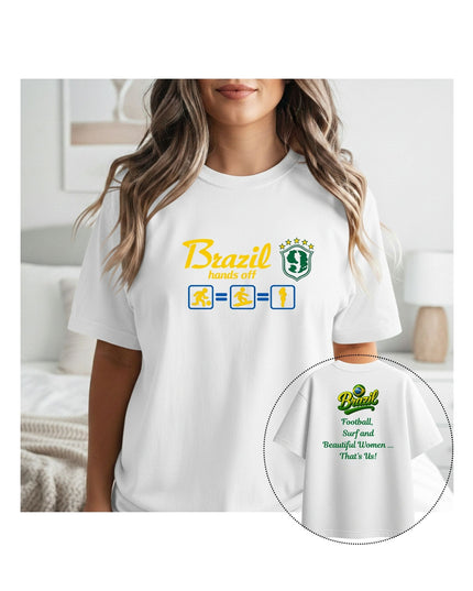 a white t-shirt with 'Brazil hands off' design, surrounded by a close-up of the text.