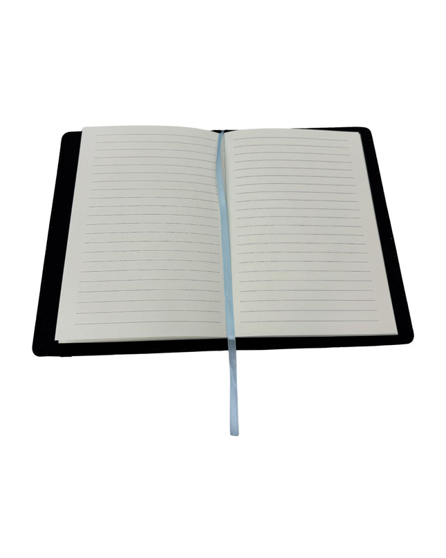 Open notebook with lined pages on a white background