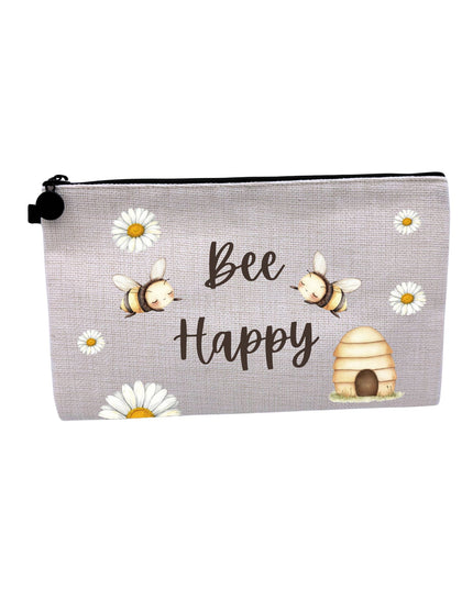 Pouch with 'Bee Happy' text and bee illustrations on a white background