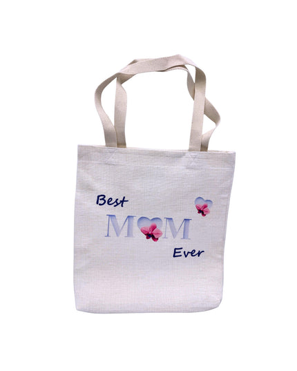 Charm Linen Tote with "Best Mom Ever" text and floral design