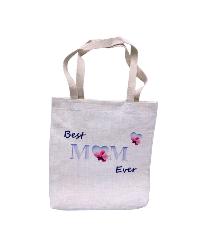 Charm Linen Tote with "Best Mom Ever" text and floral design