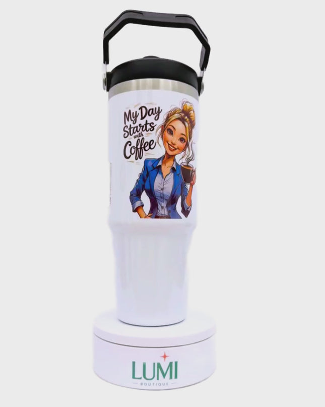 Deluxe white tumbler with a woman holding a coffee cup and a glass of wine design 30oz