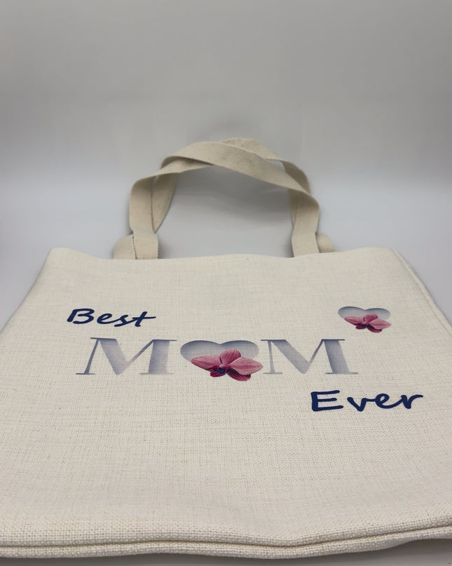 Charm Linen Tote with "Best Mom Ever" text and floral design